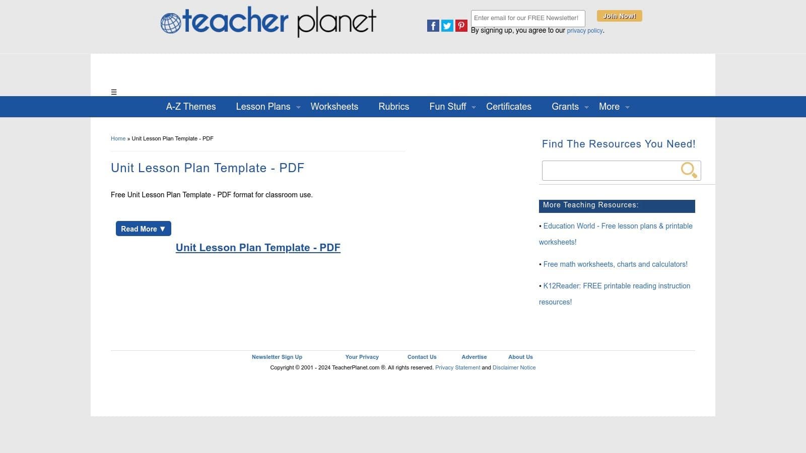 TeacherPlanet – Unit Lesson Plan Template (PDF)