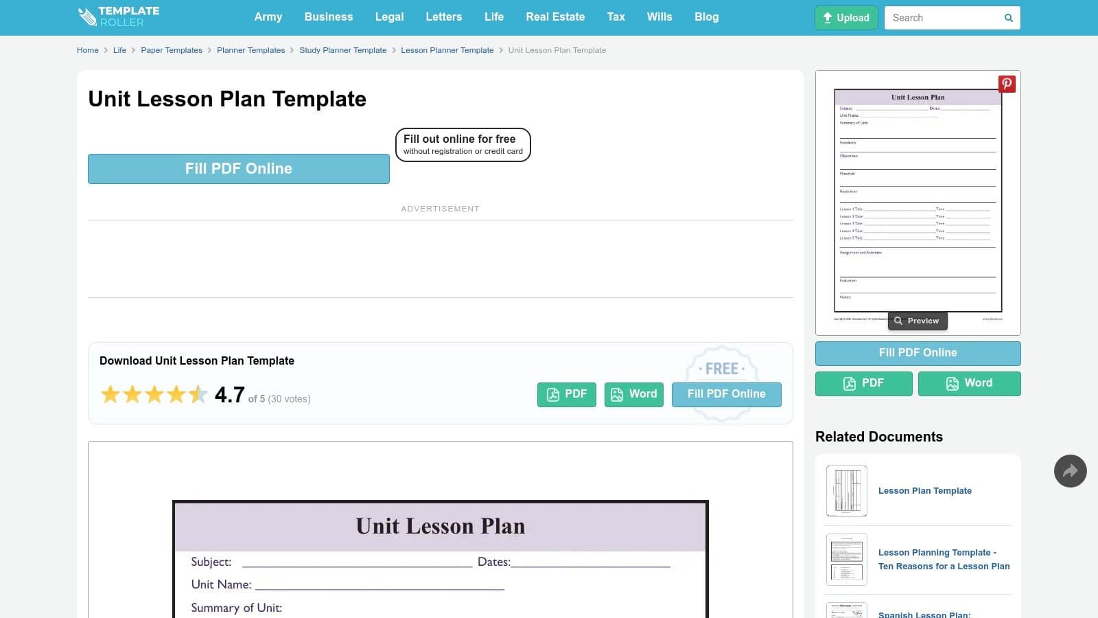 TemplateRoller – Unit Lesson Plan Template (fillable/downloadable PDF)