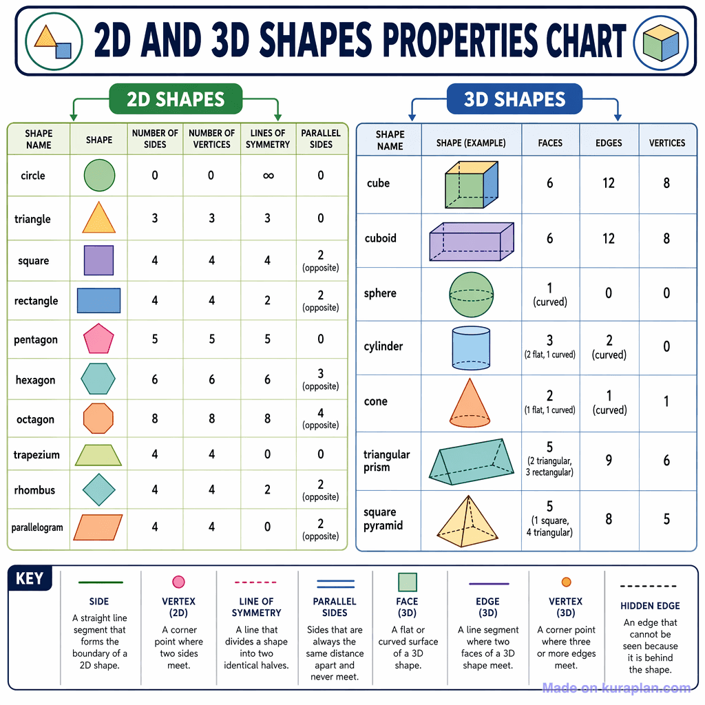 2D and 3D Shapes Properties Chart (detailed)