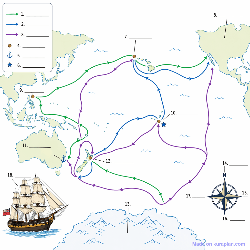 Captain James Cook's Pacific Voyages (detailed, unlabeled)
