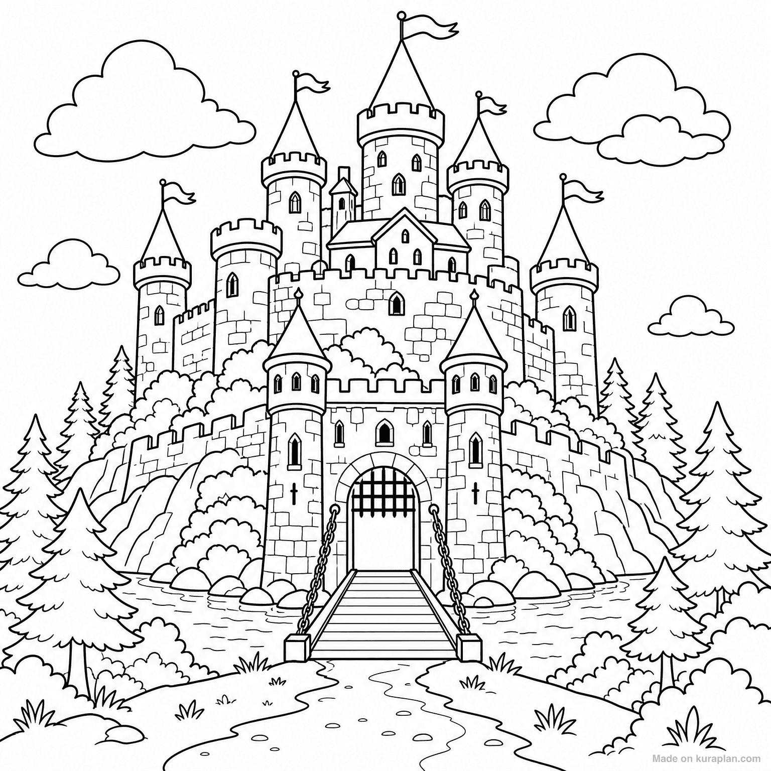 Medieval Castle on Hill — Coloring Page