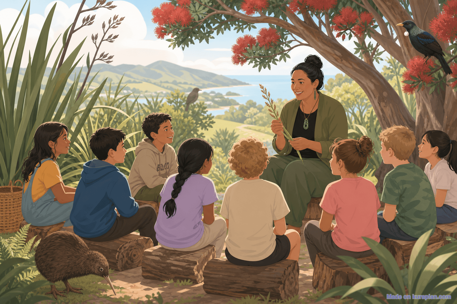 NZ outdoor bush classroom under pōhutukawa, Māori female teacher (16:9)