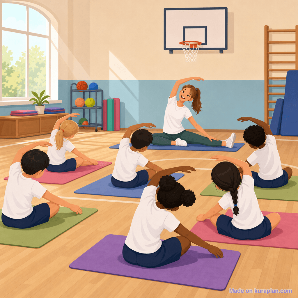 Primary PE in gym, stretching, female teacher (square)