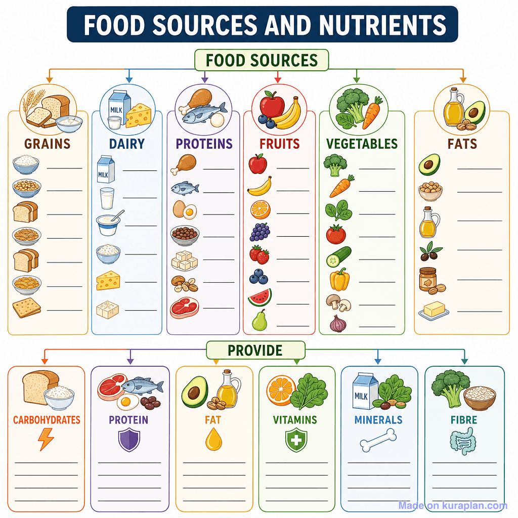 Food Sources and Nutrients (detailed, unlabeled)