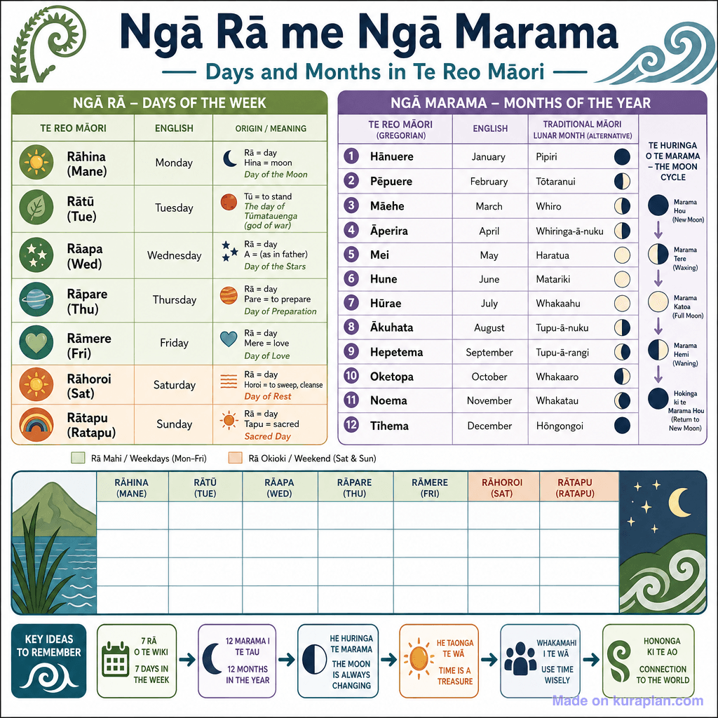 Ngā Rā me Ngā Marama — Days and Months in Te Reo Māori (detailed)