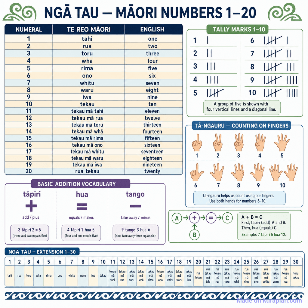 Ngā Tau — Māori Numbers 1–20 (detailed)