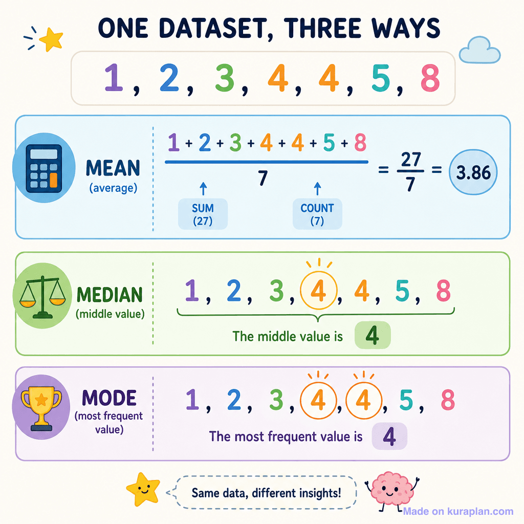 Mean, median and mode of one dataset