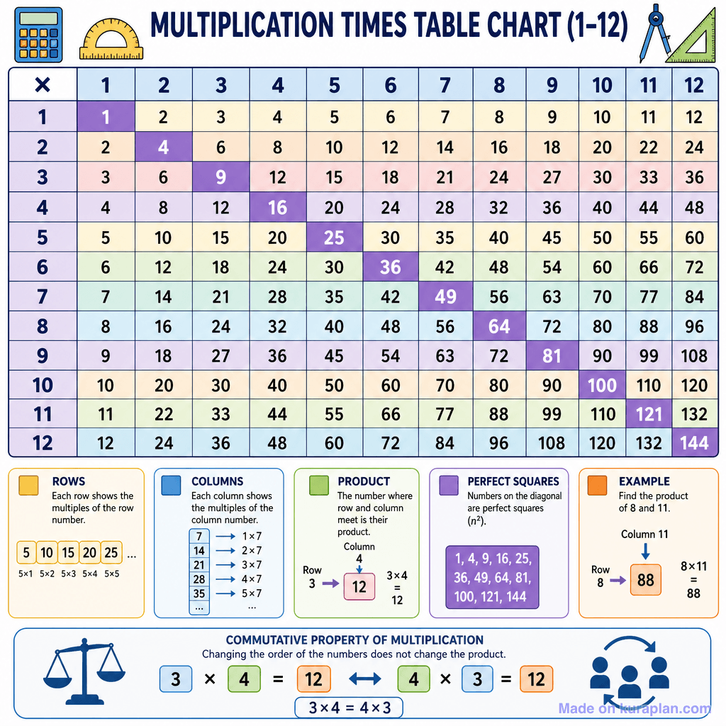Multiplication Times Table Chart (1–12) (detailed)