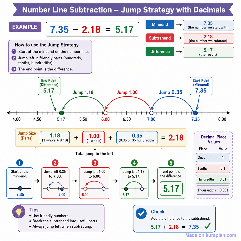 Number Line Subtraction – Jump Strategy with Decimals (detailed)