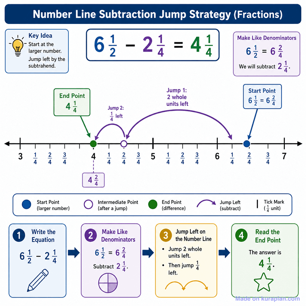 Number Line Subtraction Jump Strategy (Fractions) (detailed)