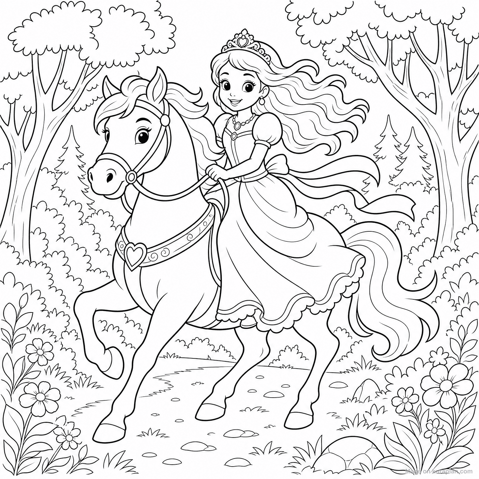 Princess Riding Horse — Coloring Page