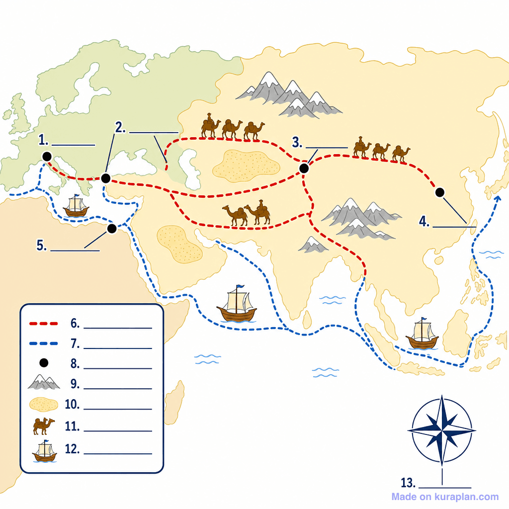 The Silk Road Trade Routes (simple, unlabeled)