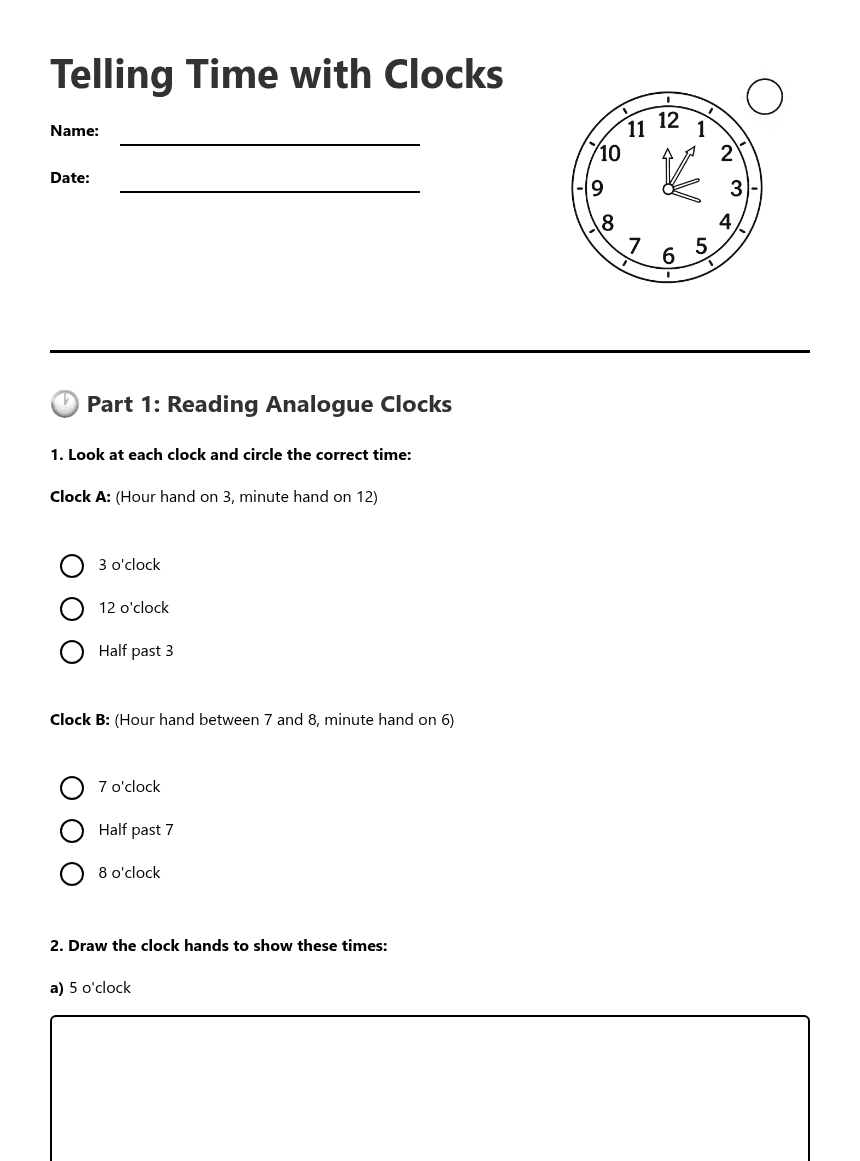 Telling Time with Clocks worksheet preview