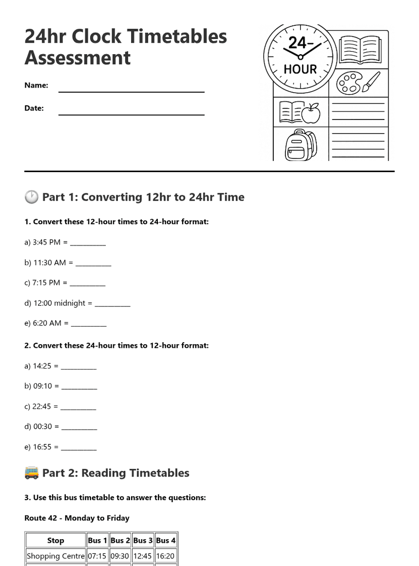 24hr Clock Timetables Assessment