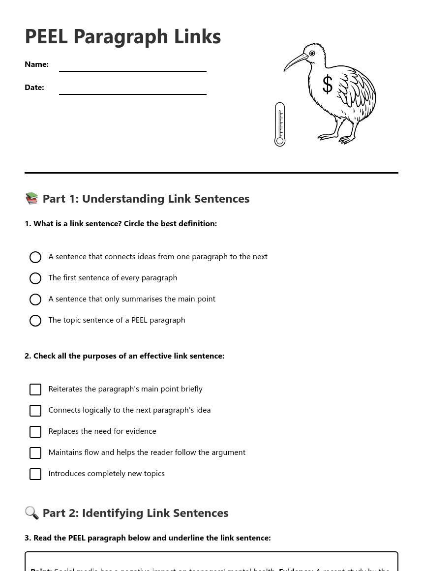 PEEL Paragraph Links worksheet preview
