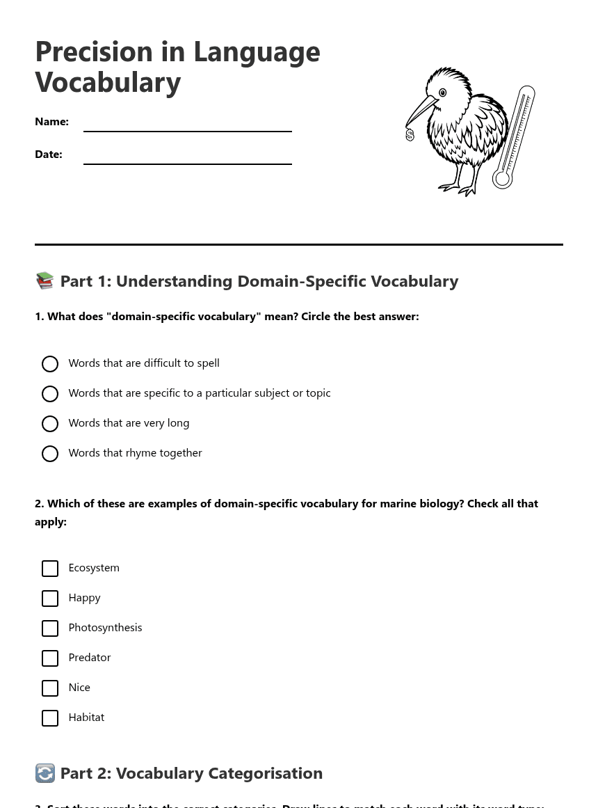 Precision in Language Vocabulary worksheet preview