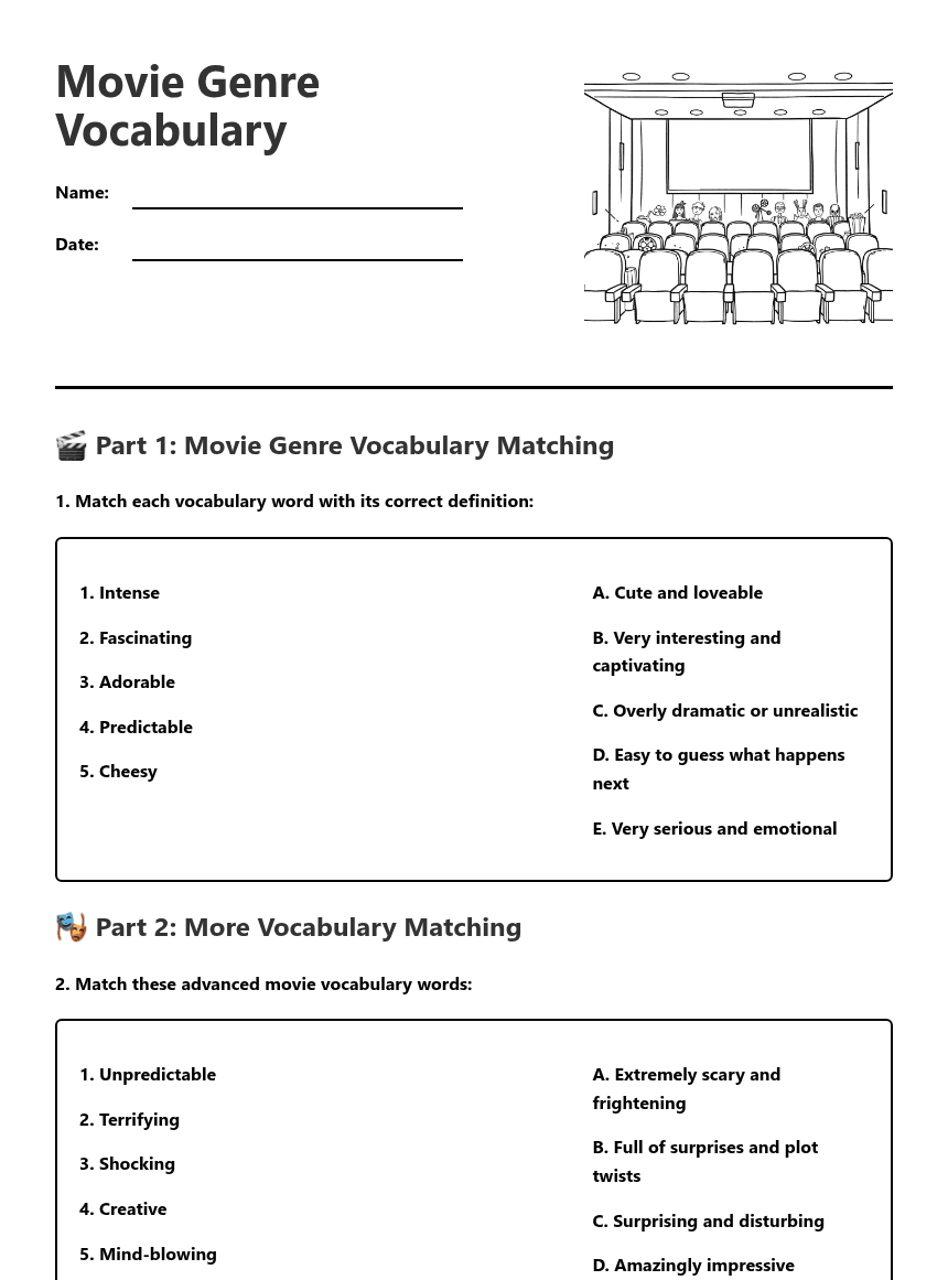 Movie Genre Vocabulary worksheet preview