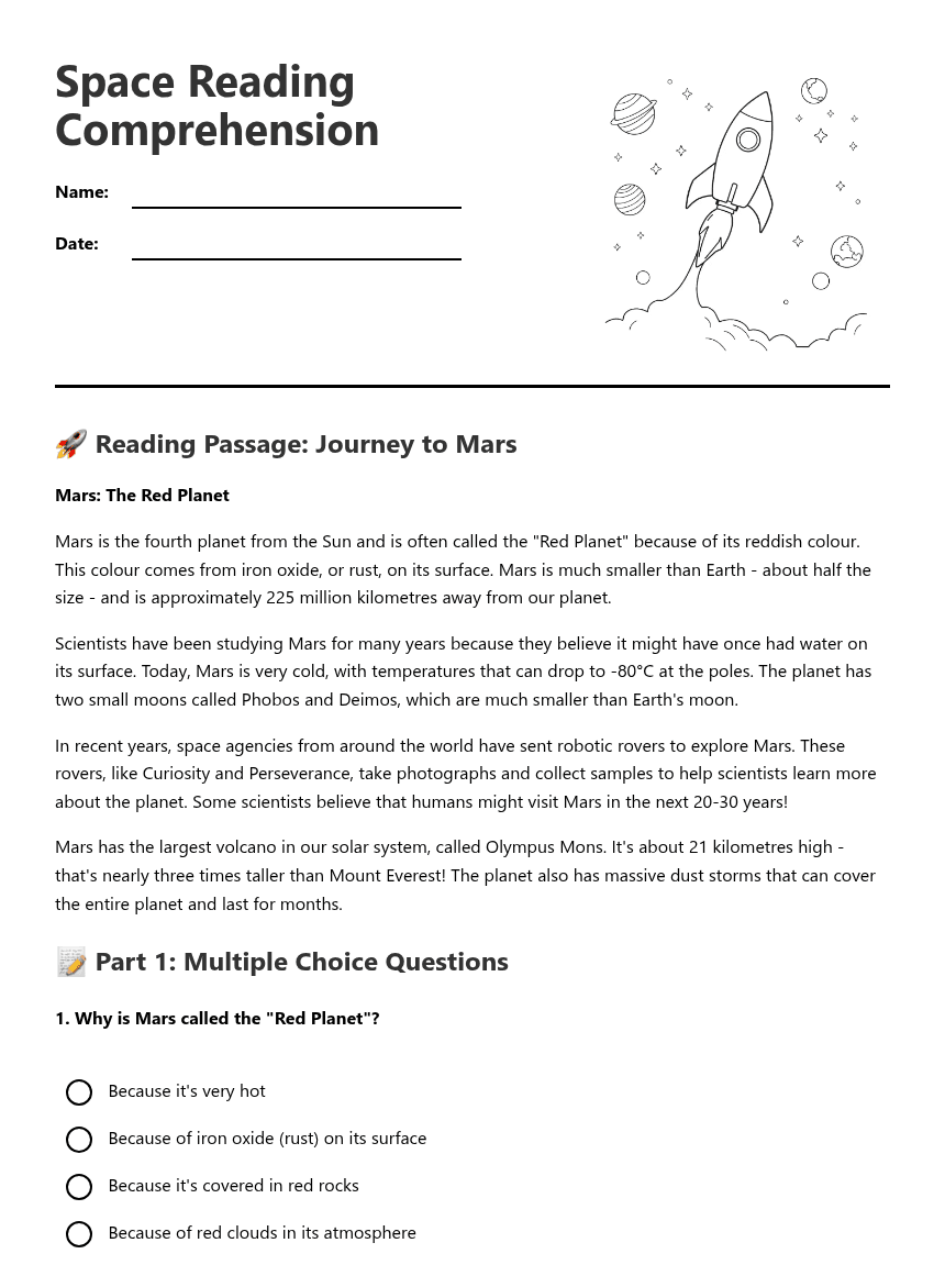 Space Reading Comprehension worksheet preview