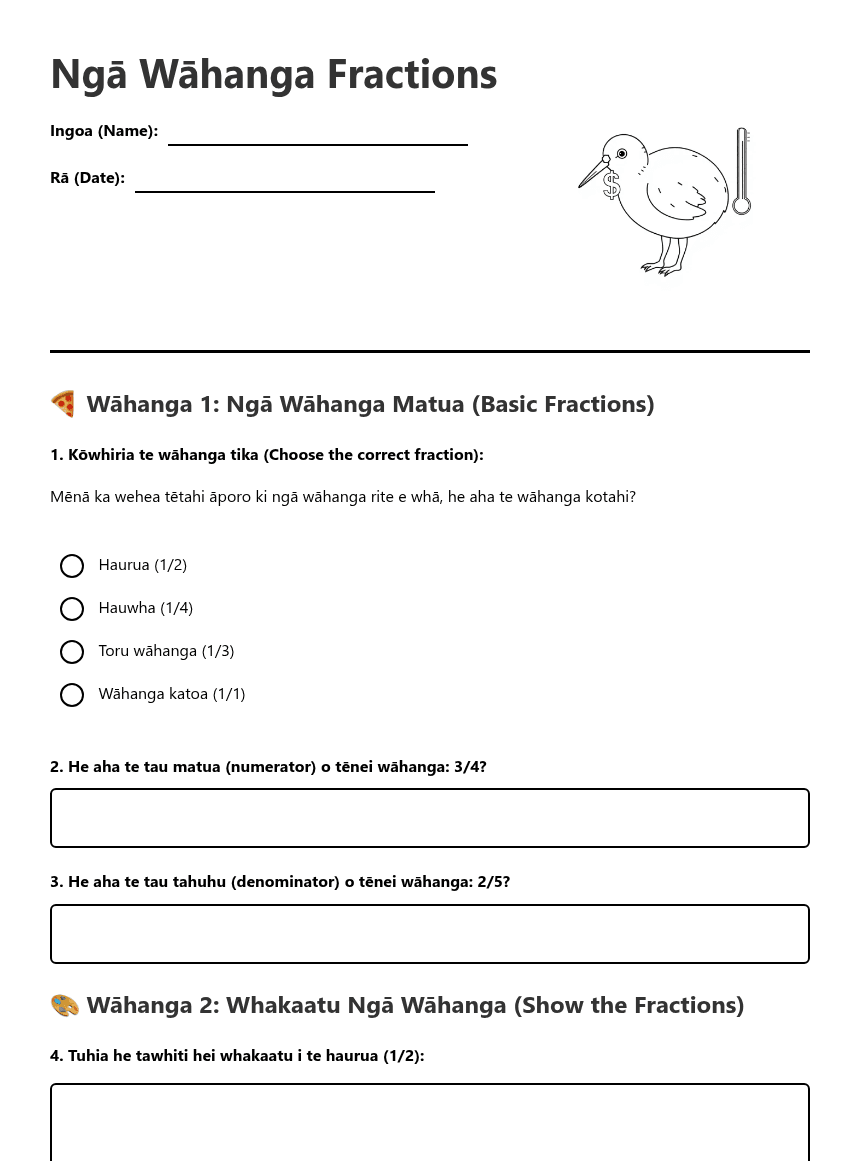 Ngā Wāhanga Fractions worksheet preview