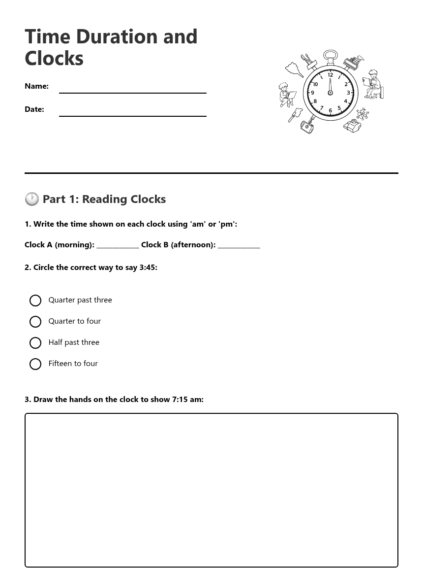 Time Duration and Clocks worksheet preview