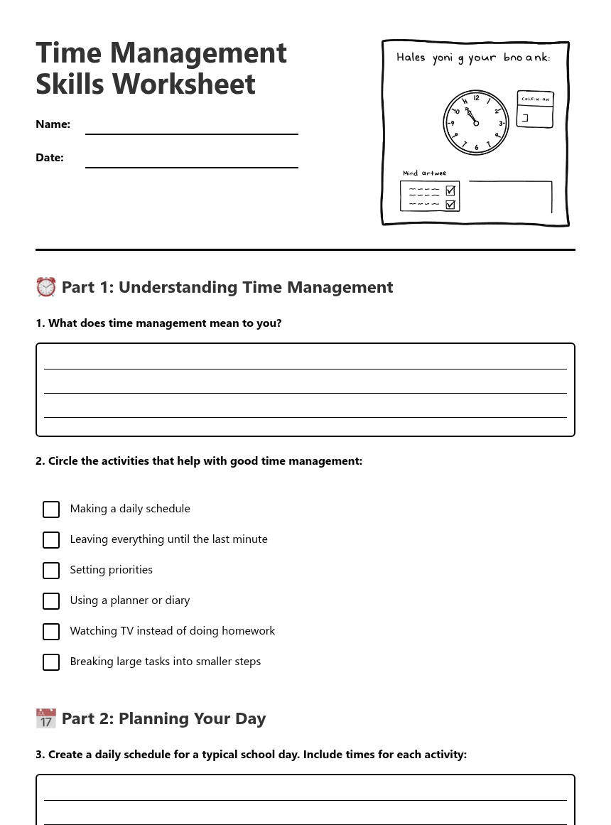 Time Management Skills Worksheet worksheet preview