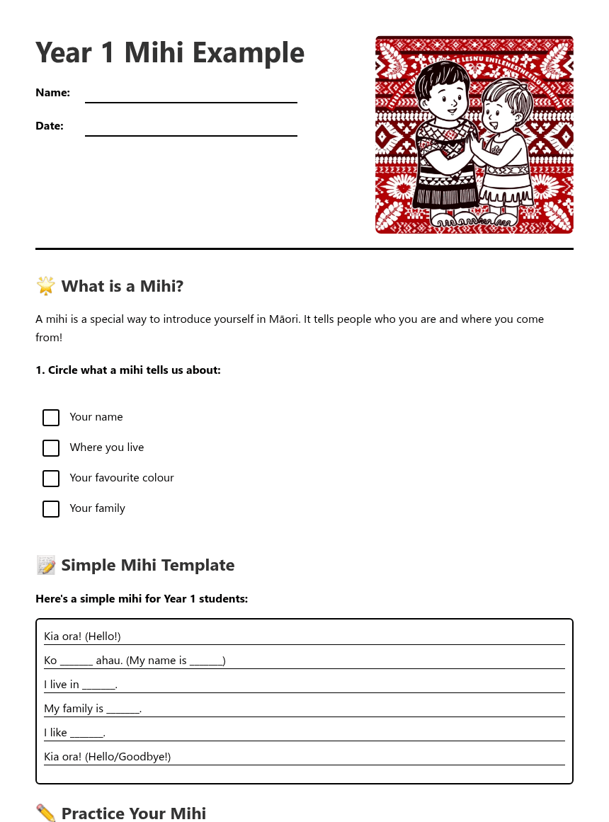 Year 1 Mihi Example worksheet preview