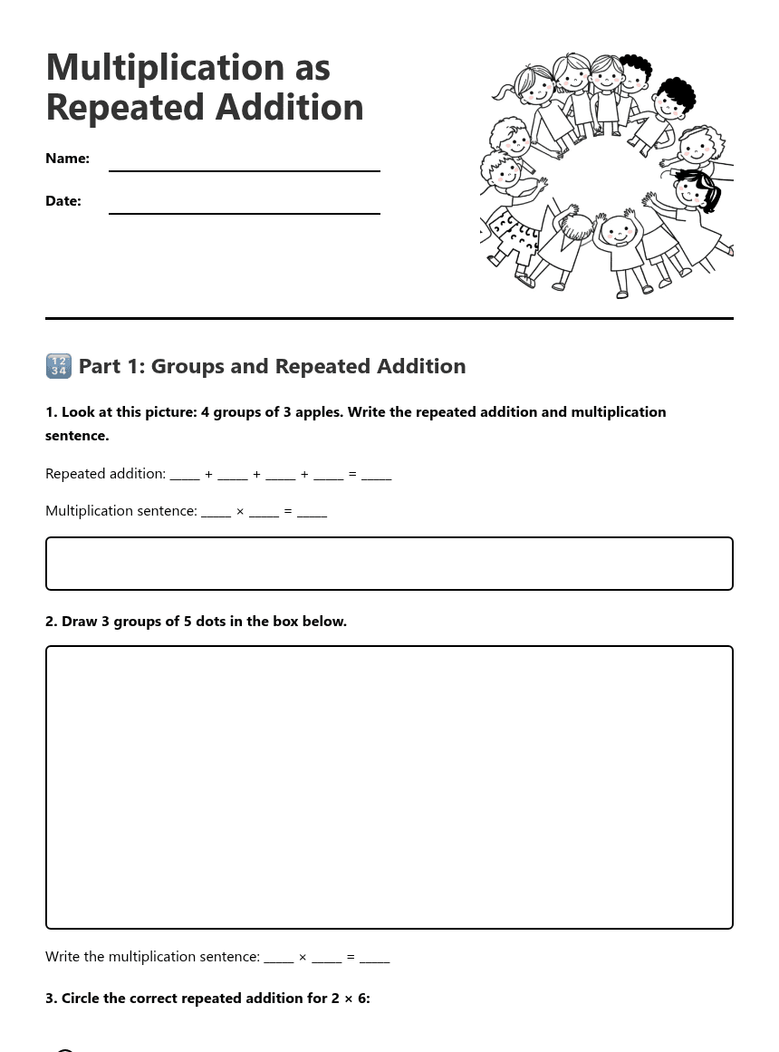 Multiplication as Repeated Addition worksheet preview