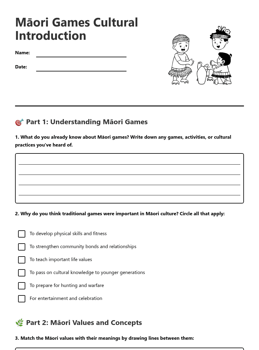 Māori Games Cultural Introduction worksheet preview