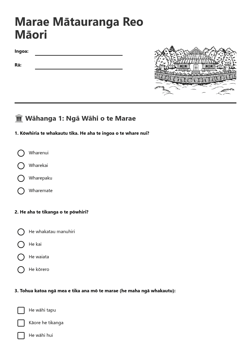 Marae Mātauranga Reo Māori worksheet preview