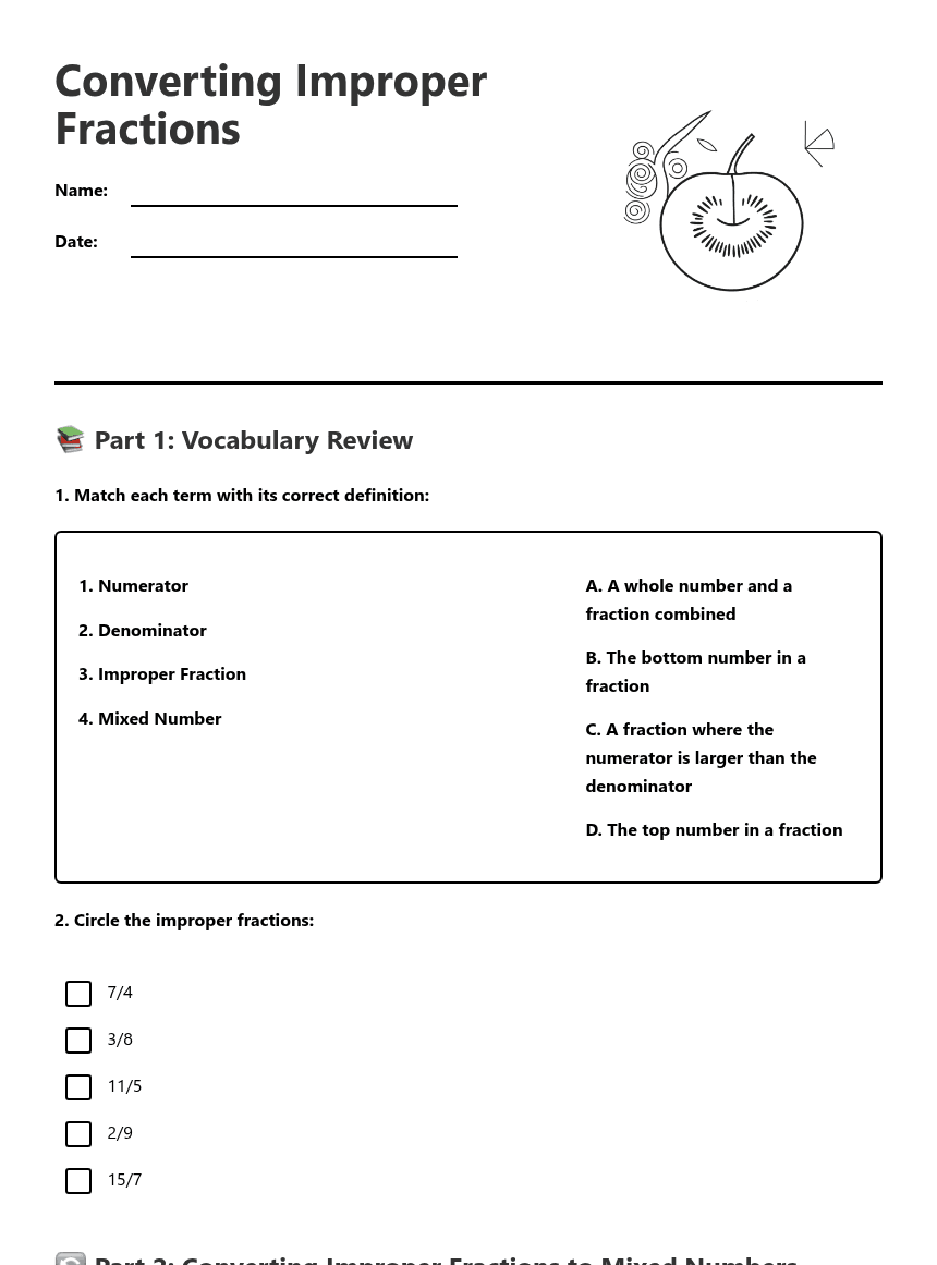 Converting Improper Fractions worksheet preview