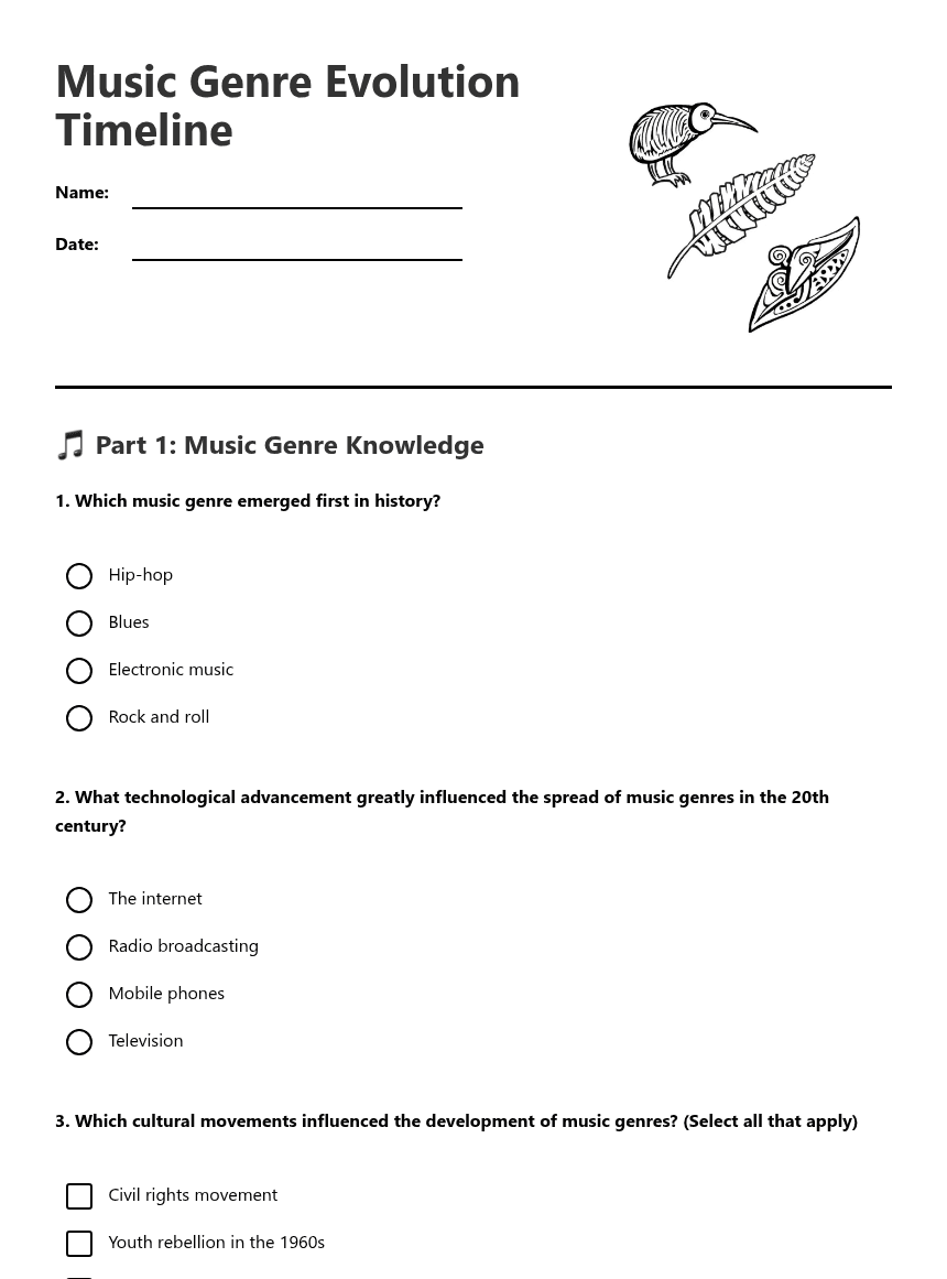 Music Genre Evolution Timeline worksheet preview