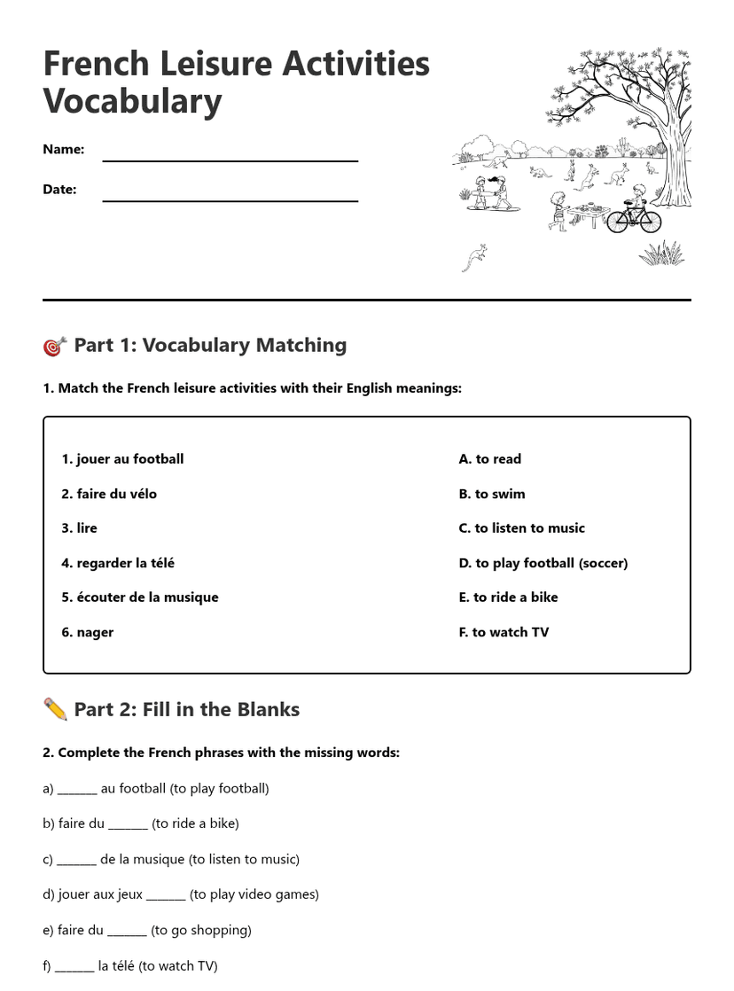 French Leisure Activities Vocabulary