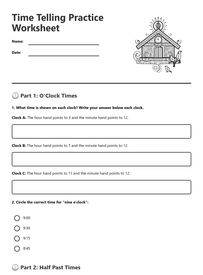 Time Telling Practice Worksheet worksheet preview
