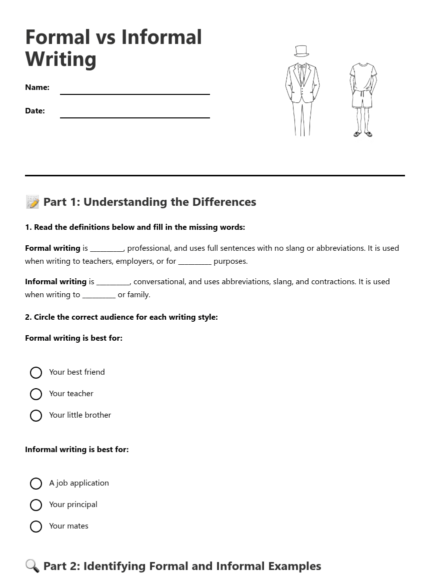 Formal vs Informal Writing worksheet preview