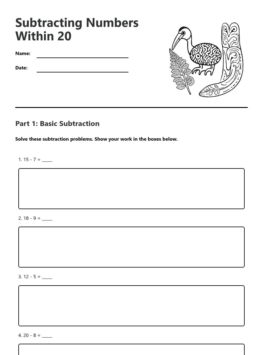 Subtracting Numbers Within 20 worksheet preview