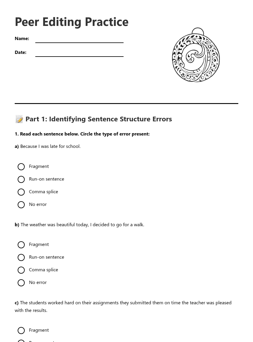 Peer Editing Practice worksheet preview