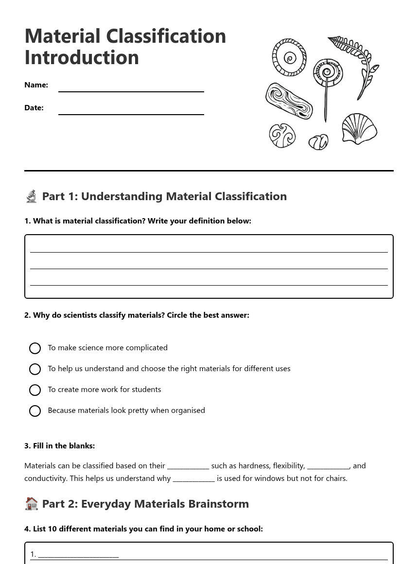 Material Classification Introduction worksheet preview