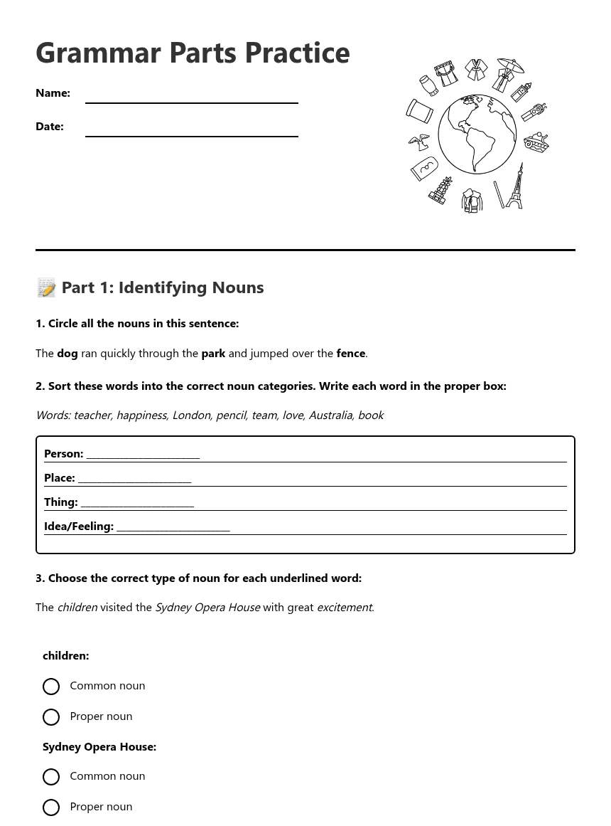 Grammar Parts Practice worksheet preview