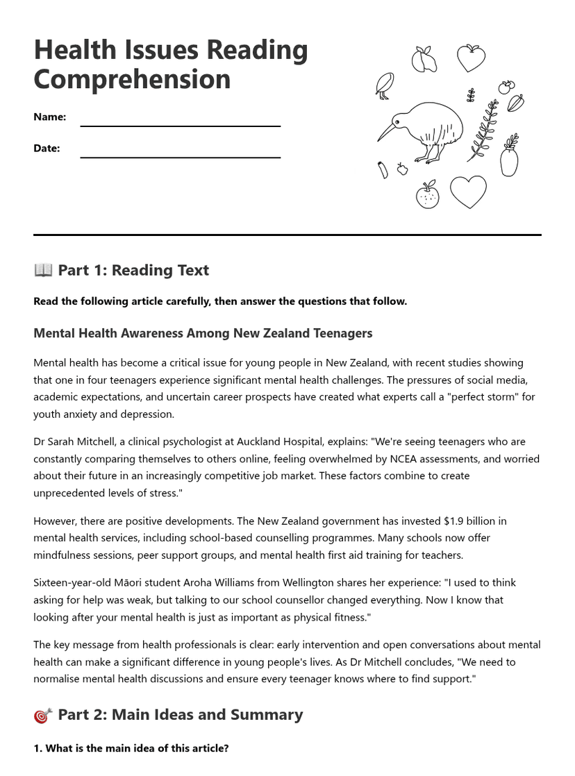 Health Issues Reading Comprehension