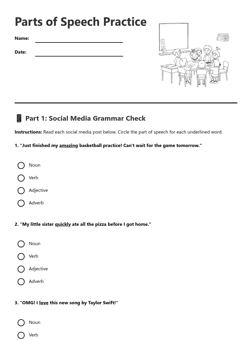Parts of Speech Practice worksheet preview