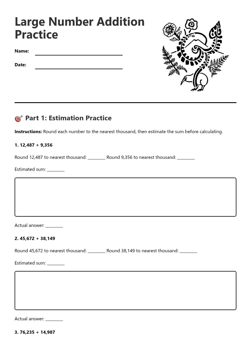 Large Number Addition Practice worksheet preview