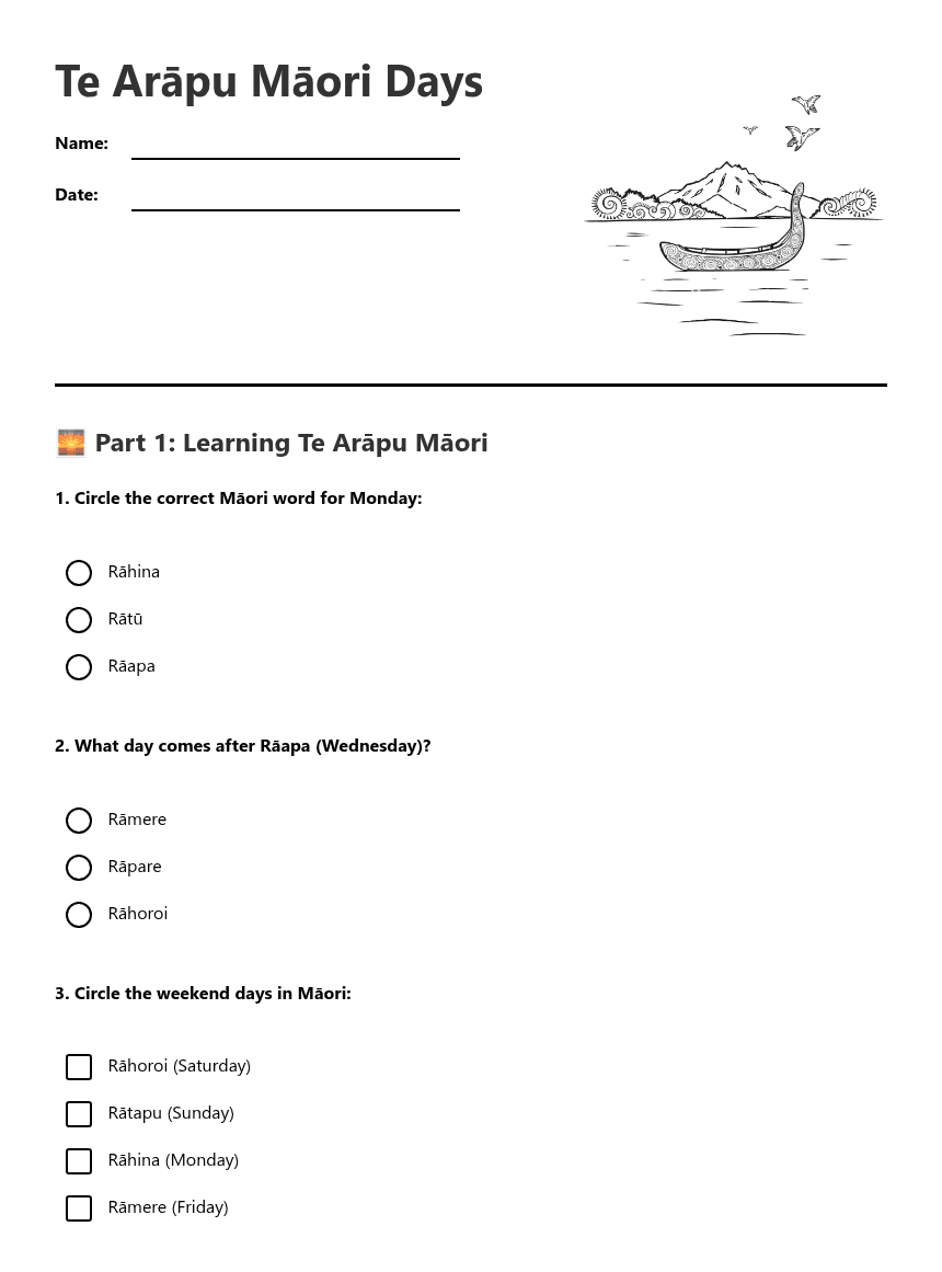 Te Arāpu Māori Days worksheet preview