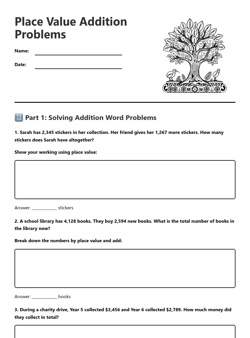 Place Value Addition Problems worksheet preview