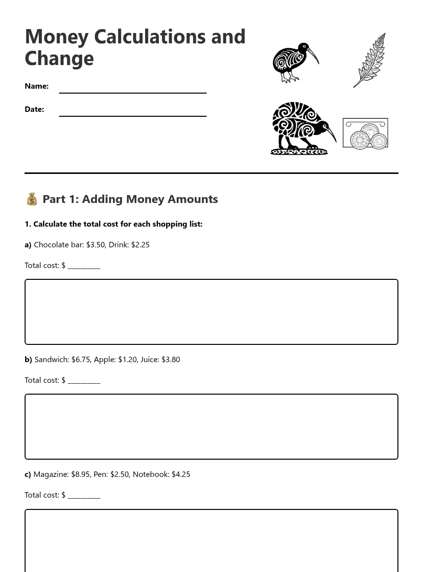 Money Calculations and Change worksheet preview