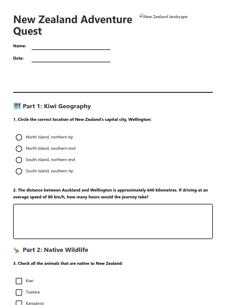 New Zealand Adventure Quest worksheet preview