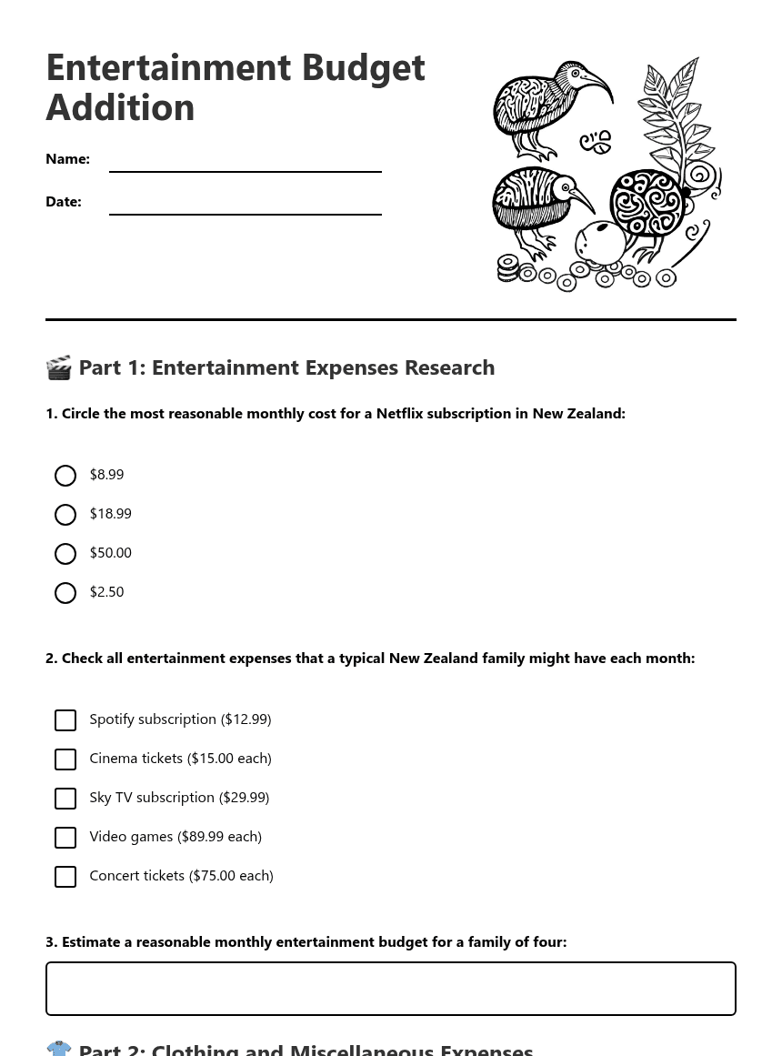 Entertainment Budget Addition worksheet preview