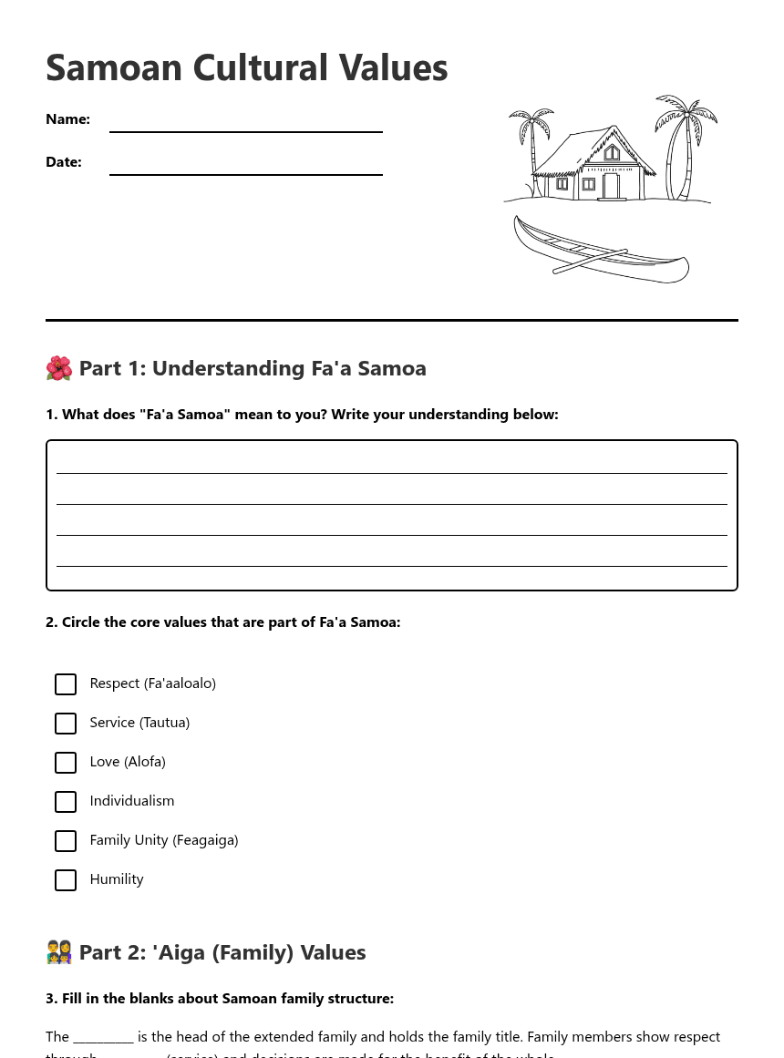 Samoan Cultural Values worksheet preview