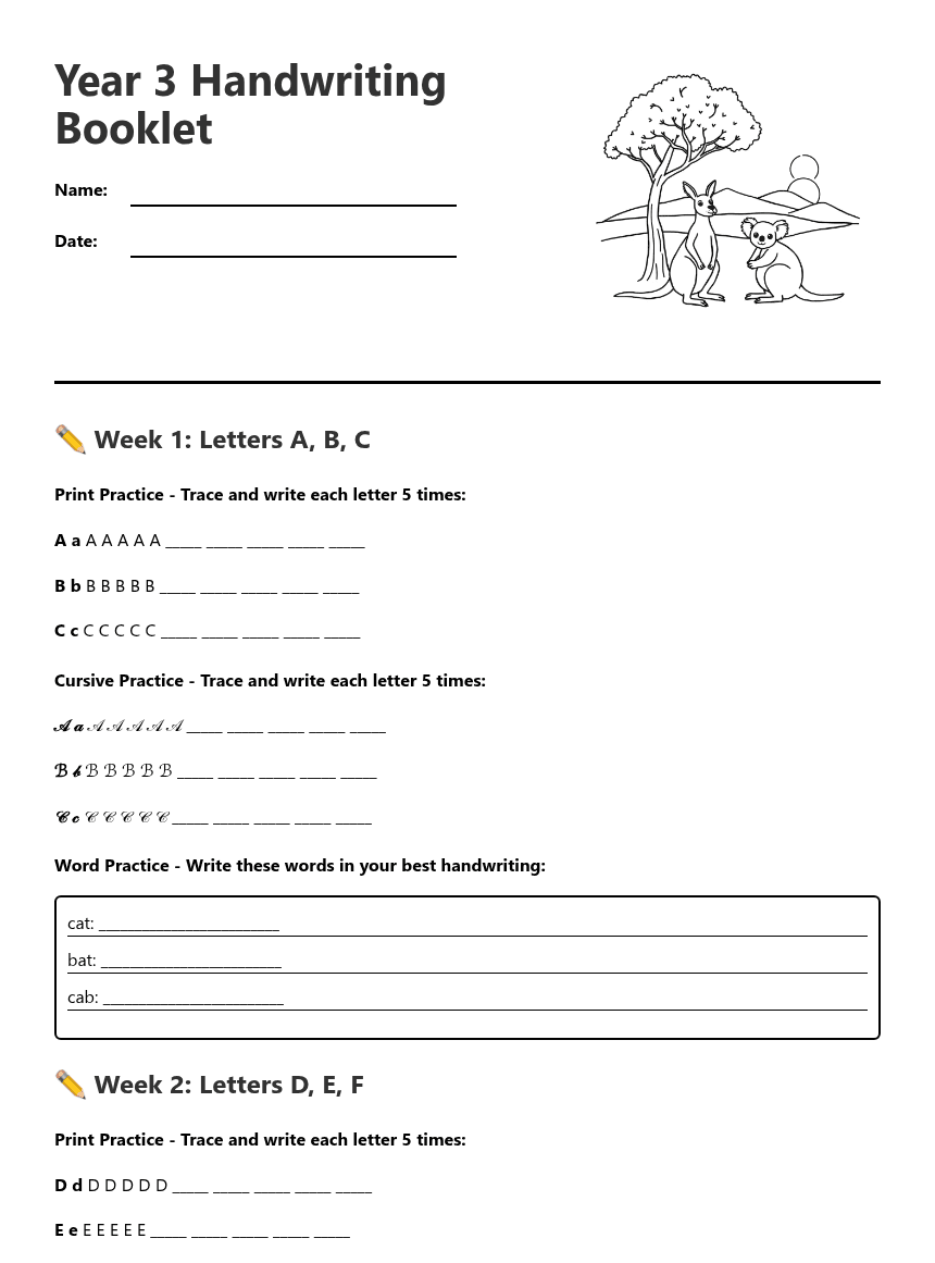 Year 3 Handwriting Booklet worksheet preview