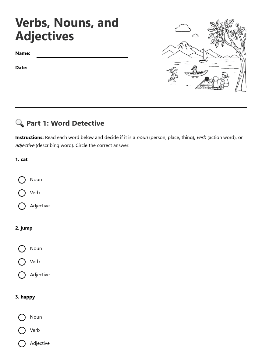 Verbs, Nouns, and Adjectives worksheet preview