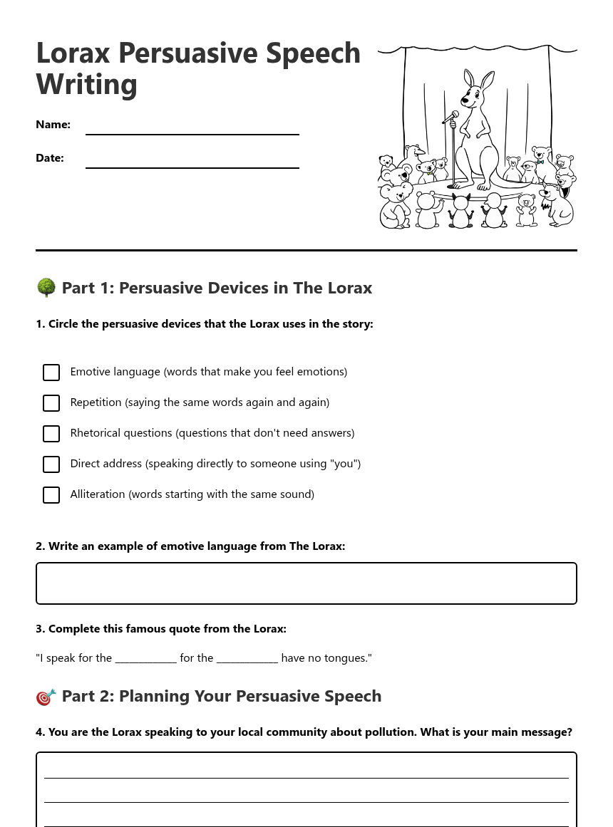 Lorax Persuasive Speech Writing worksheet preview